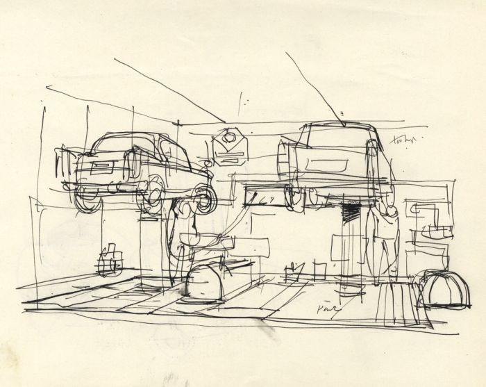 Paul Sharp - Pair of Mid 20th Century Pen and Ink Drawings, Garage Interiors