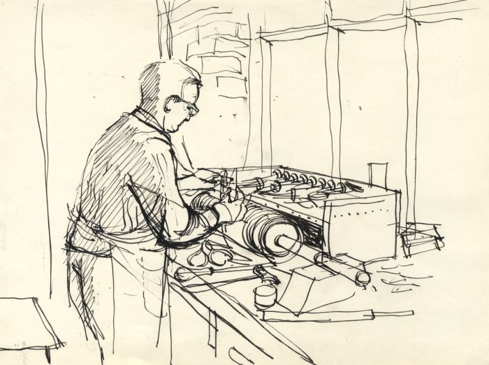 Paul Sharp - Mid 20th Century Pen and Ink Drawing, Man in Workshop