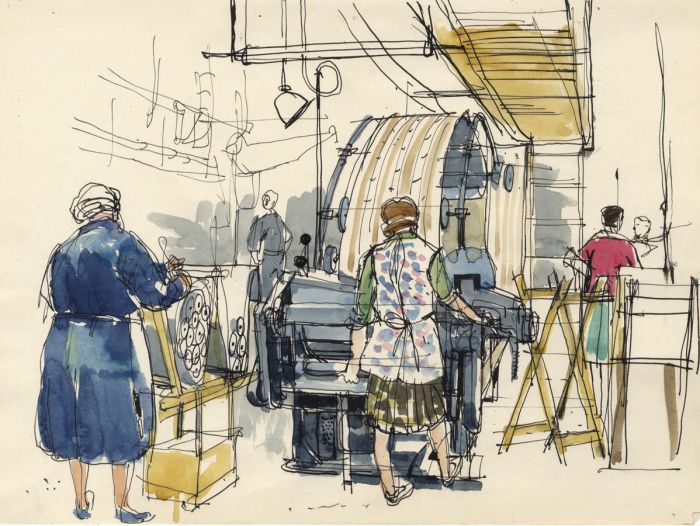 Paul Sharp - Mid 20th Century Pen and Ink Drawing, Women in Factory