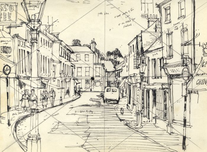 Paul Sharp - Mid 20th Century Pen and Ink Drawing, High Street Study