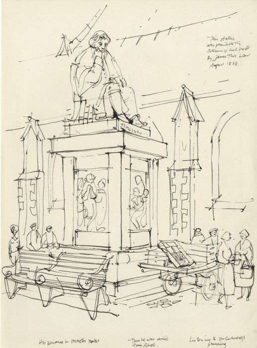 Paul Sharp - Mid 20th Century Pen and Ink Drawing, Johnson Statue, Lichfield
