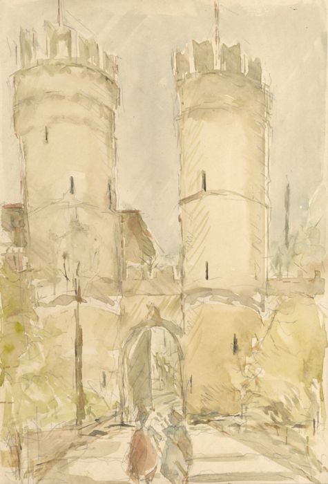 20th Century Watercolour - Medieval Dock Scene