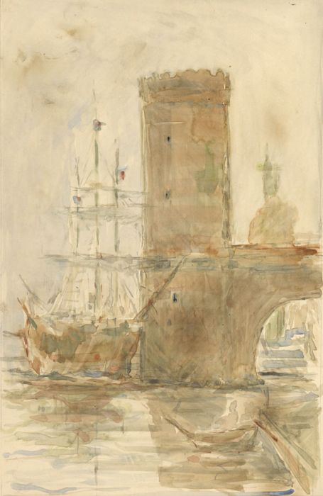 20th Century Watercolour - Continental Dock Scene with Medieval Fort