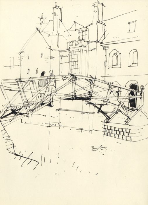 Paul Sharp - Mid 20th Century Pen and Ink Drawing, The Mathematical Bridge, Camb