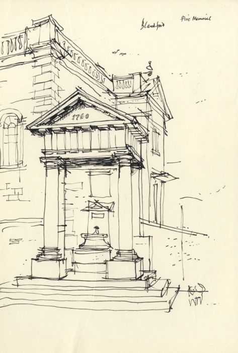Paul Sharp - Mid 20th Century Pen and Ink Drawing, Blandford, Fire Memorial