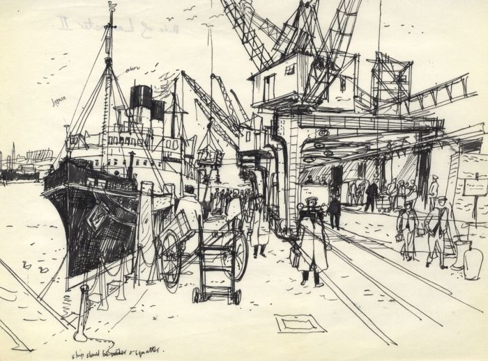 Paul Sharp - 1956 Pen and Ink Drawing, Dock Scene