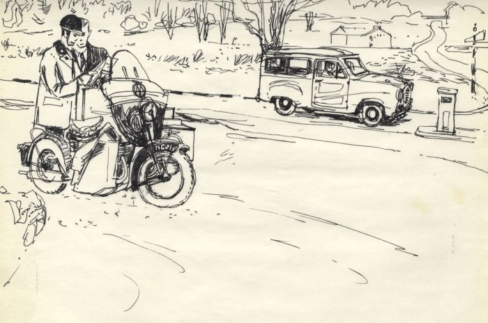 Paul Sharp - 1956 Pen and Ink Drawing, Asking for Directions