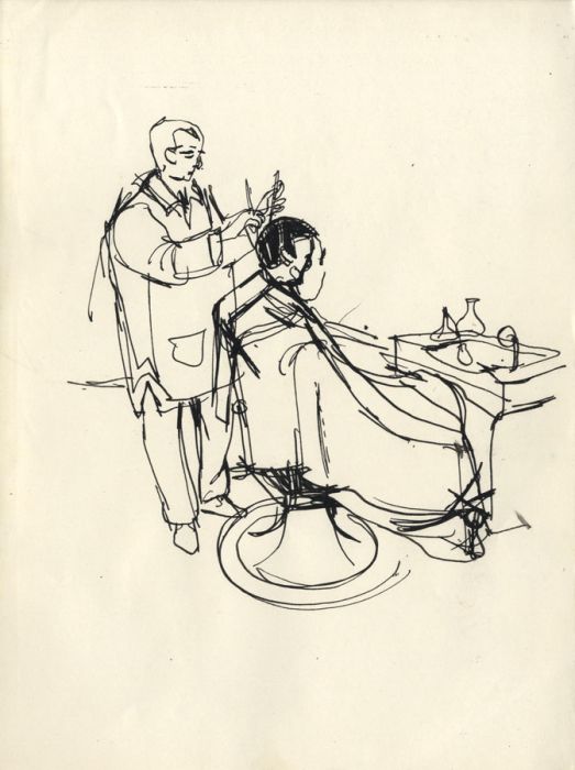 Paul Sharp - Pair of Mid 20th Century Pen and Ink Drawings, Barber Shop