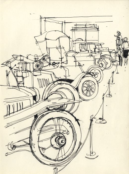 Paul Sharp - Mid 20th Century Pen and Ink Drawing, Classical Car Showroom