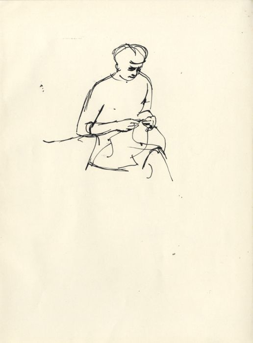 Paul Sharp - Mid 20th Century Pen and Ink Drawing, Woman Knitting