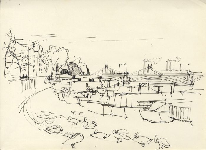 Paul Sharp - Mid 20th Century Pen and Ink Drawing, Boats on the Thames