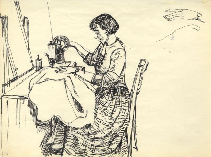 Paul Sharp - Mid 20th Century Pen and Ink Drawing, Sewing
