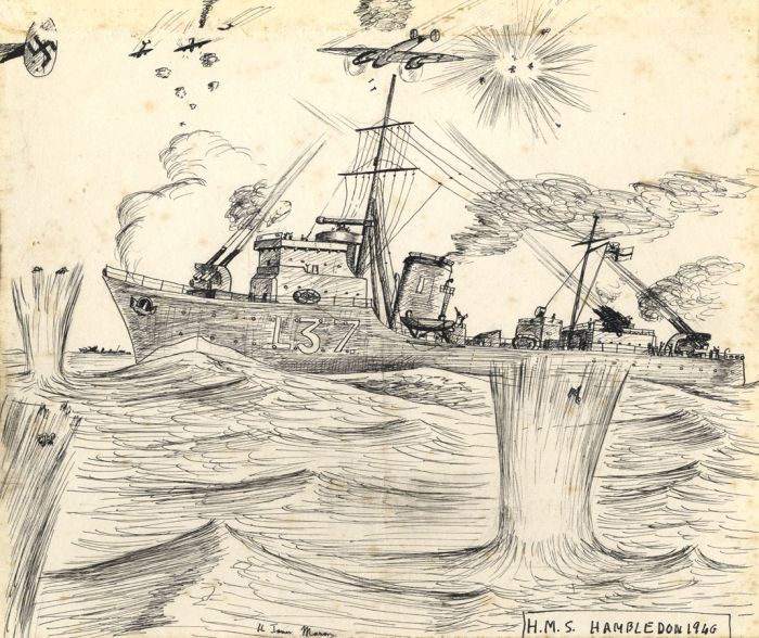 H. James Mason - Mid 20th Century Pen and Ink Drawing, H.M.S. Hambledon 1946