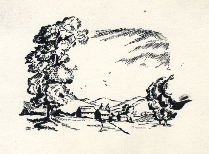 Mid 20th Century Pen and Ink Drawing - Village