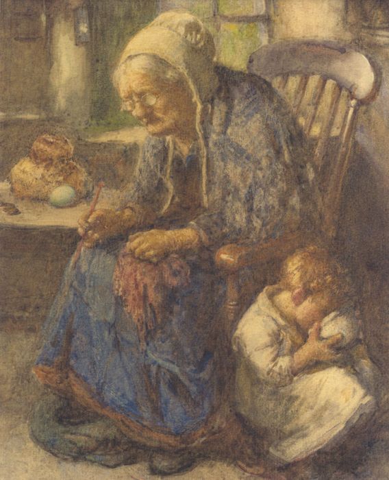 Early 20th Century Chromolithograph - Knitting