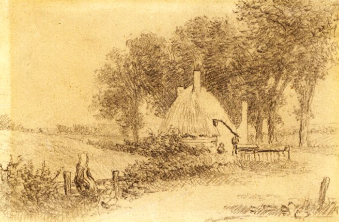 Small 19th Century Graphite Drawing - Cottage