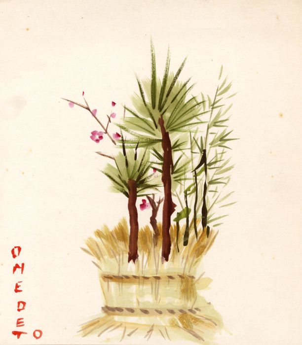 Japanese Mid 20th Century Gouache - Omedeto [Congratulations]