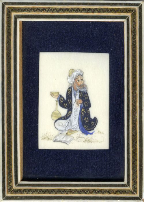 Small Mughal Mid 20th Century Gouache on Ivorine - Old Man with Cup