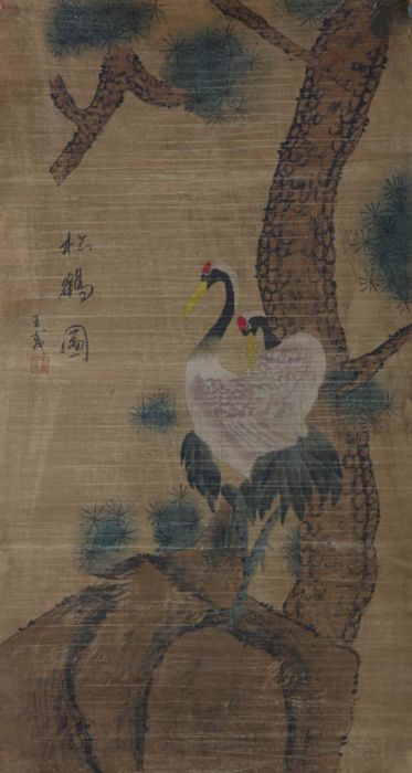 Japanese 19th Century Watercolour - Storks in Trees