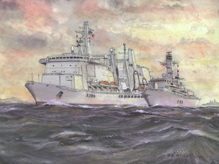 J.A. Bayley - Contemporary Gouache, RFA 'Fort George' Refuelling HMS 'St Albans'