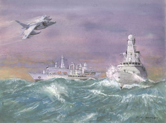 J.A. Bayley - Contemporary Gouache, HMS Daring, RFA Fort Victoria, Sea Harrier