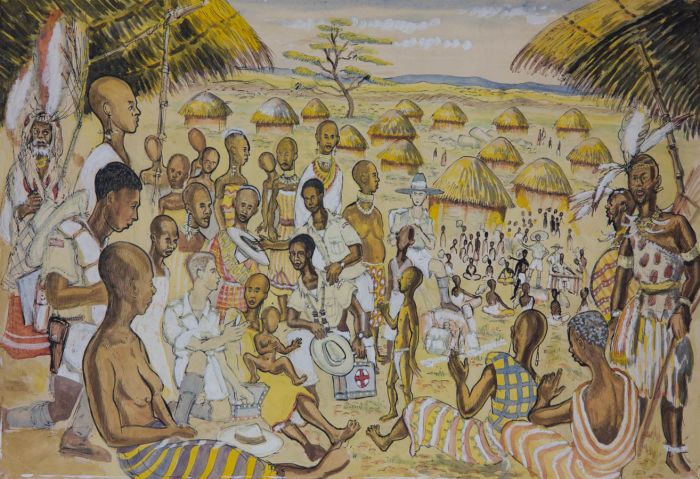 Roy G. Harris - Mid 20th Century Gouache, Aid Workers in African Village