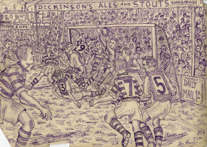 Roy G. Harris - 1950 Pen and Ink Drawing, The Football Match
