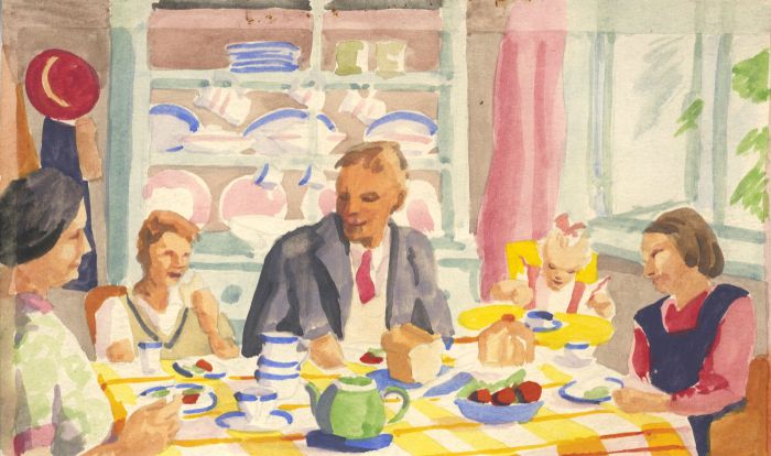 Mid 20th Century Watercolour - Family Meal Time