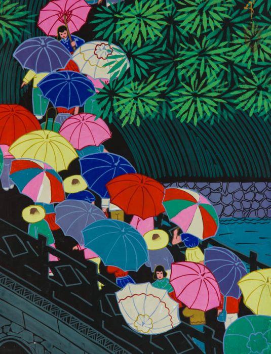20th Century Gouache - Figures Walking Over Bridge With Umbrellas