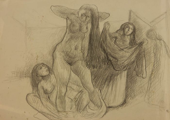 F.B. - 1969 Graphite Drawing, Nude Figures in Interior