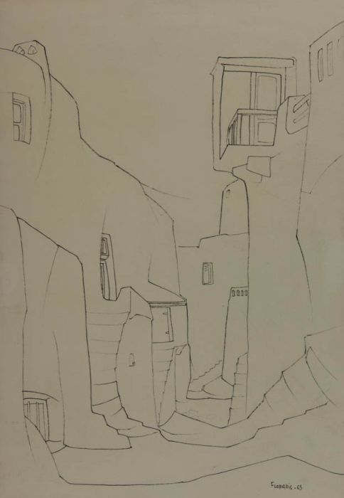 Florakis Florakis - 1965 Pen and Ink Drawing, Narrow Mediterranean Street