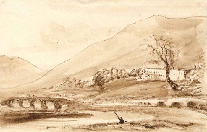 Edward Webb - English School 1844 Mixed Media, Man Fishing in a Landscape