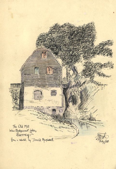 Frank Ford - 1933 Pen and Ink Drawing, The Old Mill below Hedgecourt Lake