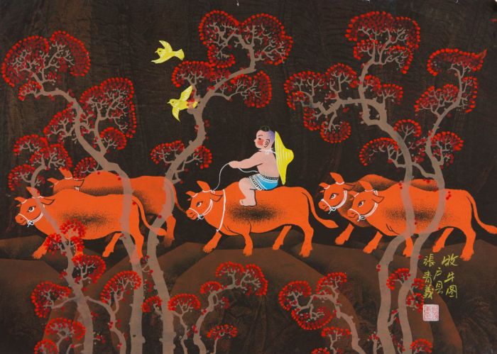Chinese Contemporary Mixed Media - Man Riding Cattle