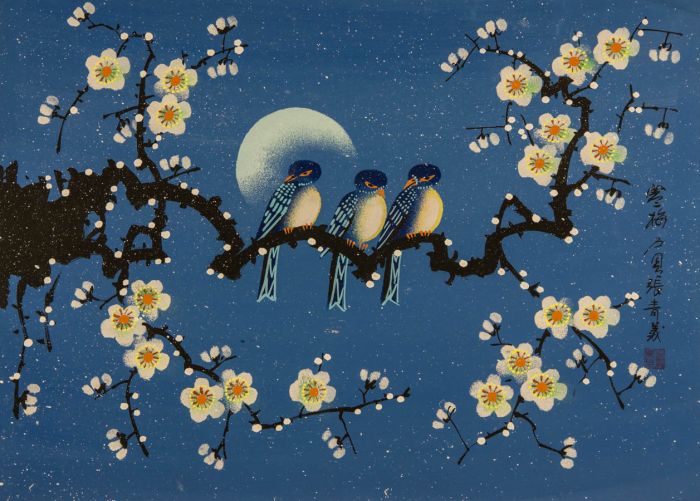 Chinese Contemporary Mixed Media - Birds on Cherry Blossom Branch