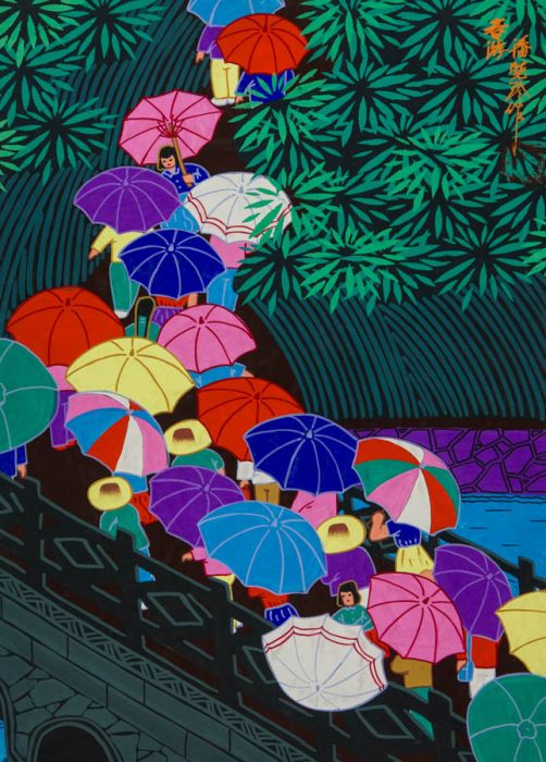 Pan XiaoLing, Chinese Contemporary Gouache - Figures with Umbrellas on a Bridge