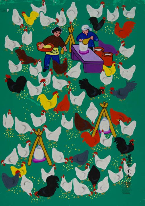 Chinese Contemporary Gouache - Feeding the Chickens