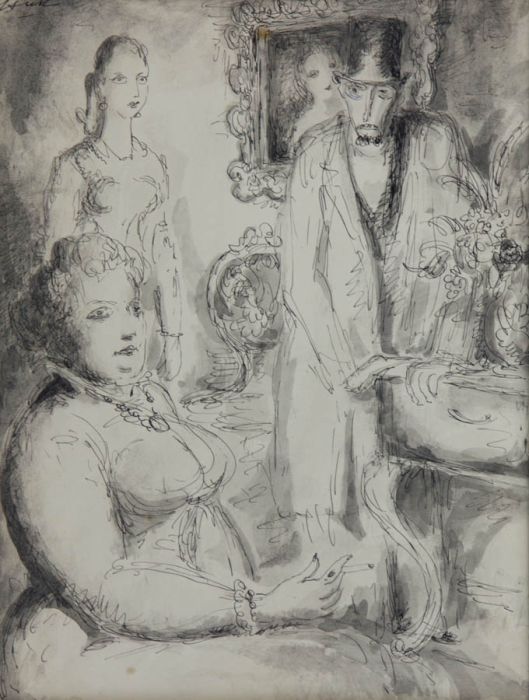 Monochrome Mid 20th Century Pen and Ink Drawing - Drawing Room Scene