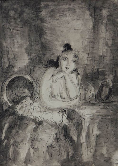 Monochrome Mid 20th Century Pen and Ink Drawing - The Light Flickered