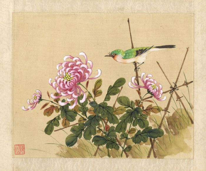 Japanese Mid 20th Century Watercolour - Bird and Chrysanthemums