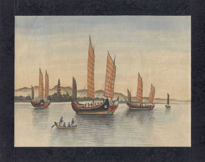 Japanese Mid 20th Century Watercolour - Four Junk Ships on a River
