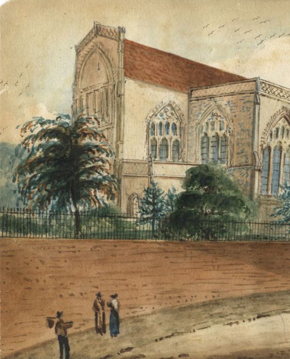 Early 20th Century Watercolour - Figures Outside the Cathedral Walls