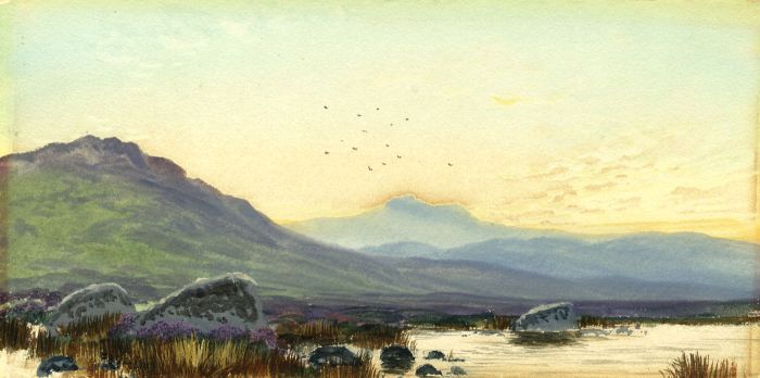 F.B. Brookes - Early 20th Century Gouache, Mountains at Sunset