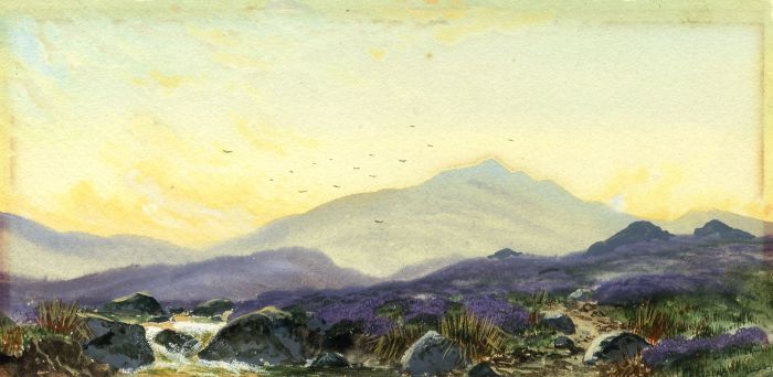 F.B. Brookes - Early 20th Century Gouache, Mountains and River at Sunset