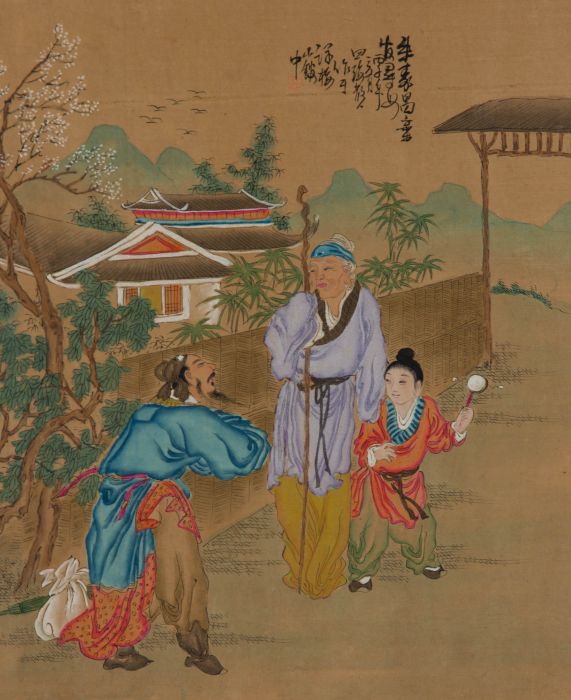 Japanese 20th Century Gouache - Figures in Conversation