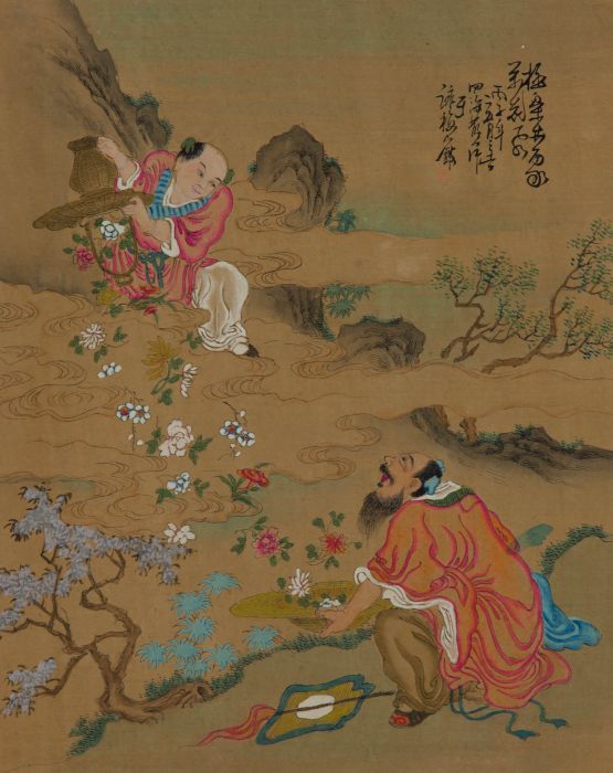 Japanese 20th Century Gouache - Figures Collecting Flowers