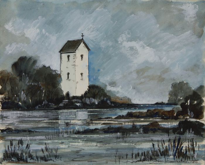 Denis H. Ramsbottom - 1975 Mixed Media, River Landscape with Chapel