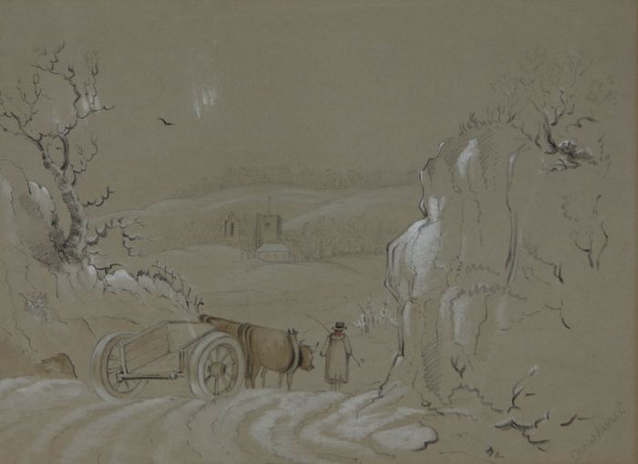 Crowhurst - Late 19th Century Graphite Drawing, Farmer in a Winter Landscape