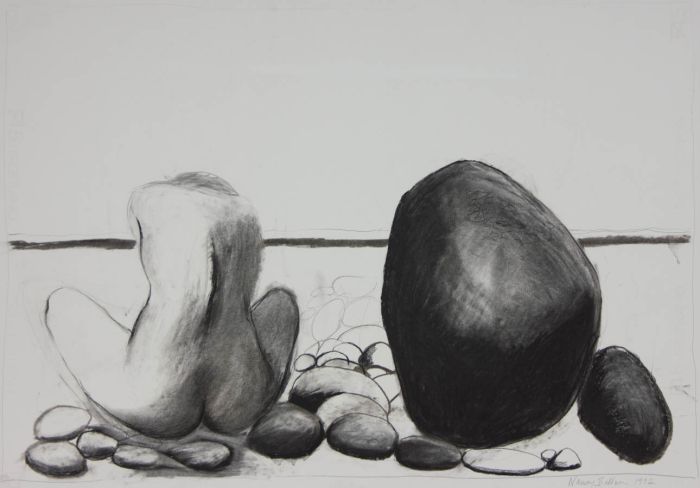 Nancy Baldwin - 1992 Charcoal Drawing, Nude by Rocks