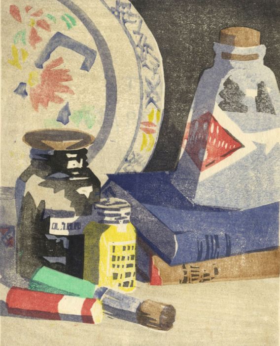 Margaret Romanes - Scottish Mid 20th Century Woodcut, Still Life with Bottles